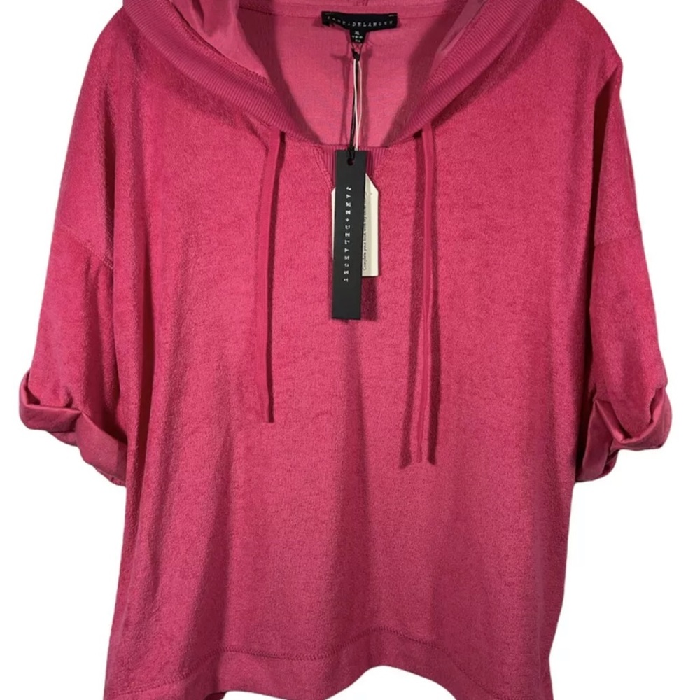 Jane & Delancey Womens Short Sleeve Hooded Hot Pink Terry Sweatshirt XL NWT